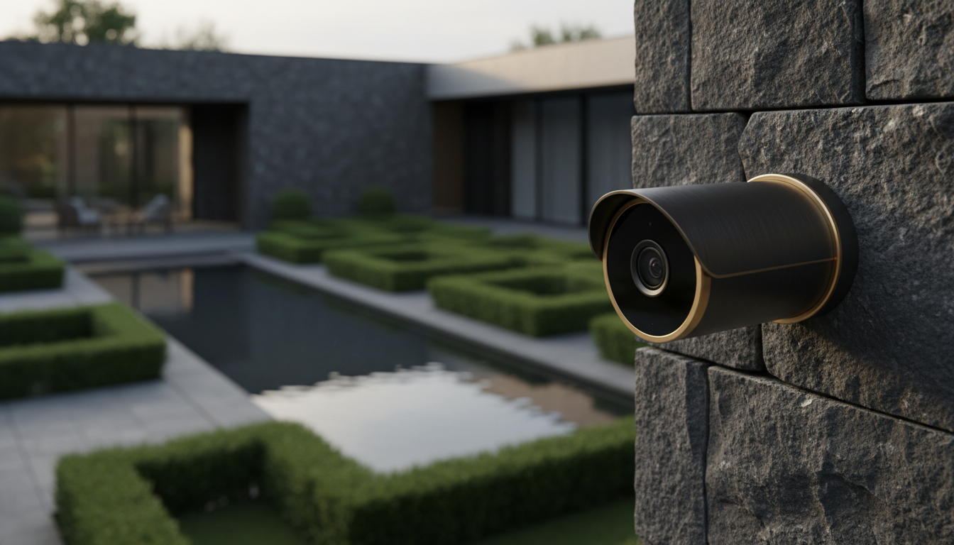An elegant, weatherproof smart security camera in matte black brushed titanium, accented with subtle gold rings, seamlessly integrated into an exterior corner of a contemporary dark stone villa. The device overlooks a landscaped courtyard with geometric hedges and a reflecting pool. Early evening ambient light softly illuminates the structure, with the last glow of daylight providing a gentle gold rim on the camera's edges and creating soft, elongated shadows across the scene. The mood is quietly watchful and secure; the composition employs a shallow depth of field, focusing attentively on the camera. The style is photographic, minimal, and distinctly high-end, emphasizing both resilience and aesthetic harmony.