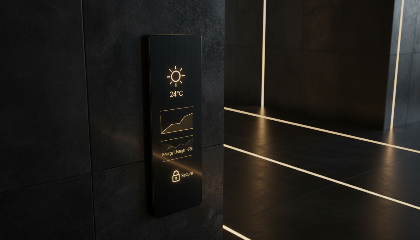 A minimalist digital control panel, slim and dark with a brushed black glass surface and luminous gold haptic icons, inset into a midnight stone wall. The panel displays live smart home data streams with clean, understated graphics. It's situated in a high-tech hallway with seamless gold accent lines tracing the floor and walls, under soft, indirect LED edge lighting that casts velvety shadows. The scene is tranquil, sophisticated, and ultra-modern. Captured from a slightly elevated, off-center perspective for asymmetrical balance, the image is crisp and uncluttered with a photographic, dark luxury aesthetic.
