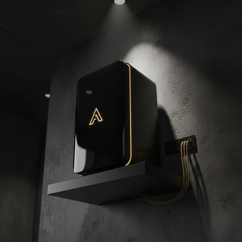 A polished, obsidian-black AV server tower with a golden illuminated logo on a floating shelf set into a textured dark concrete wall.