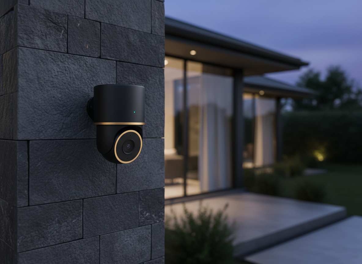 Matte black weatherproof security camera with gold ring accent mounted on a dark stone exterior wall at dusk