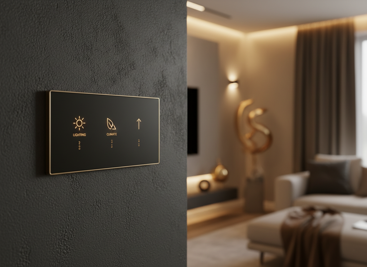 Sleek matte-black wall-mounted smart home touch panel with warm gold-lit icons in a minimalist dark living room