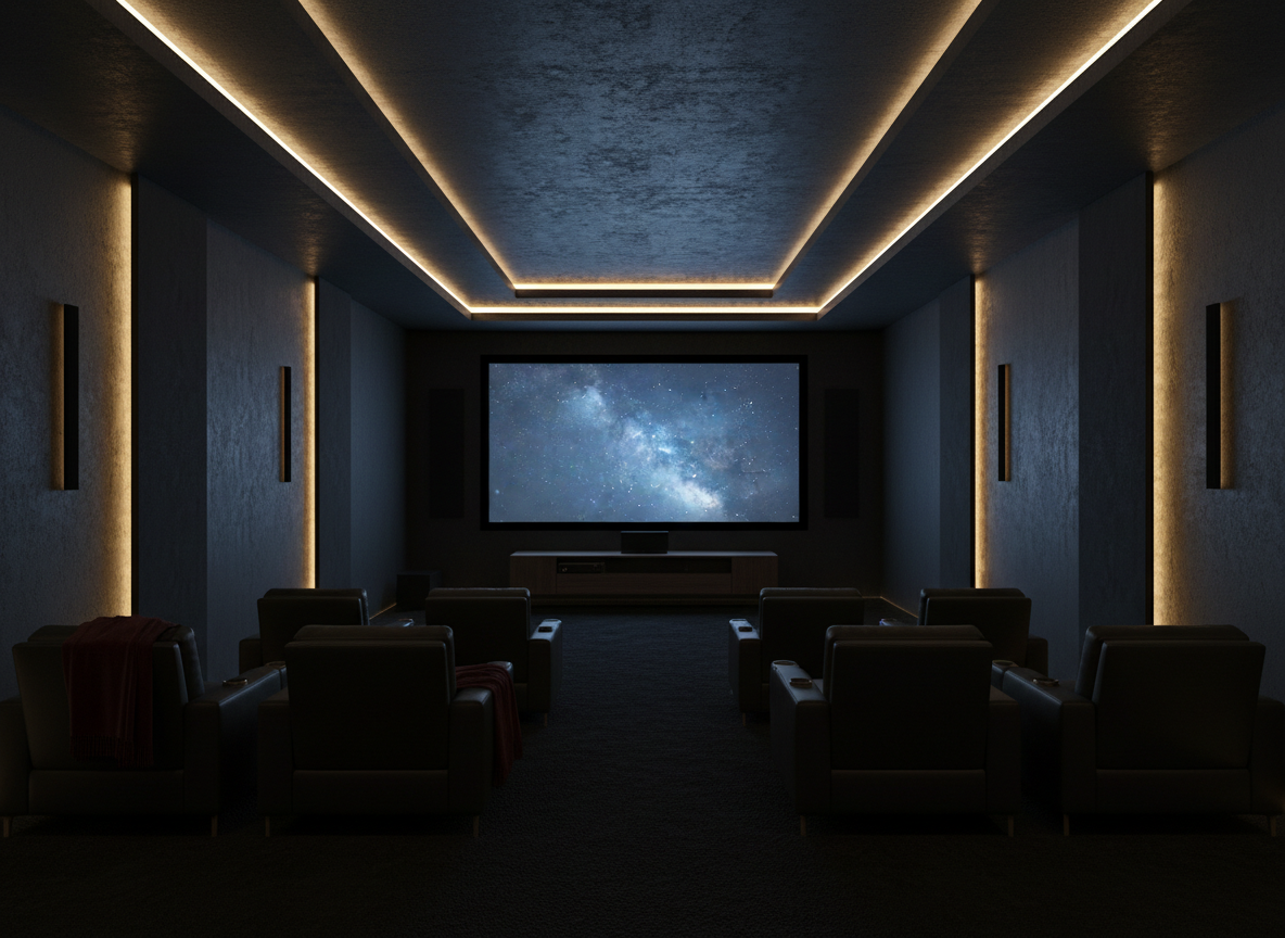 Dark minimalist home theater with gold trim accents and a large glowing screen