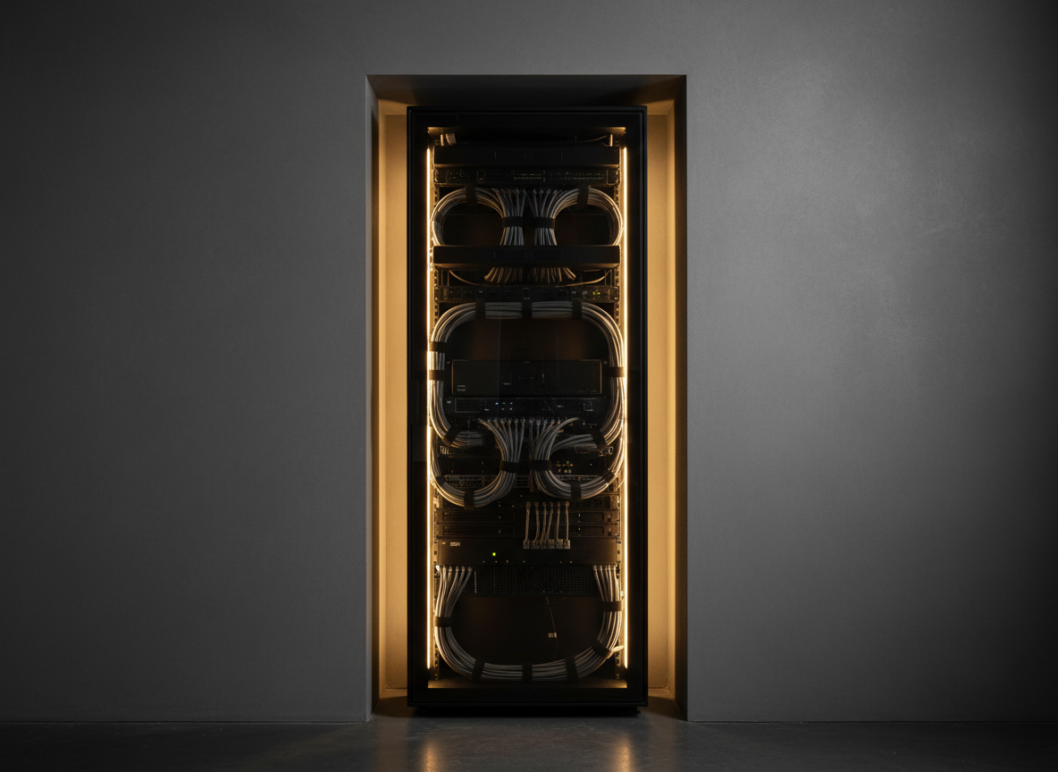 Elegant dark server and networking equipment cabinet with neatly bundled cables and gold accent lighting