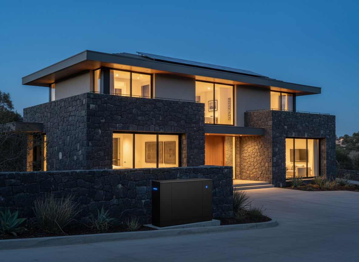 Modern dark stone home exterior at dusk with discreet solar panels and warm gold window lighting