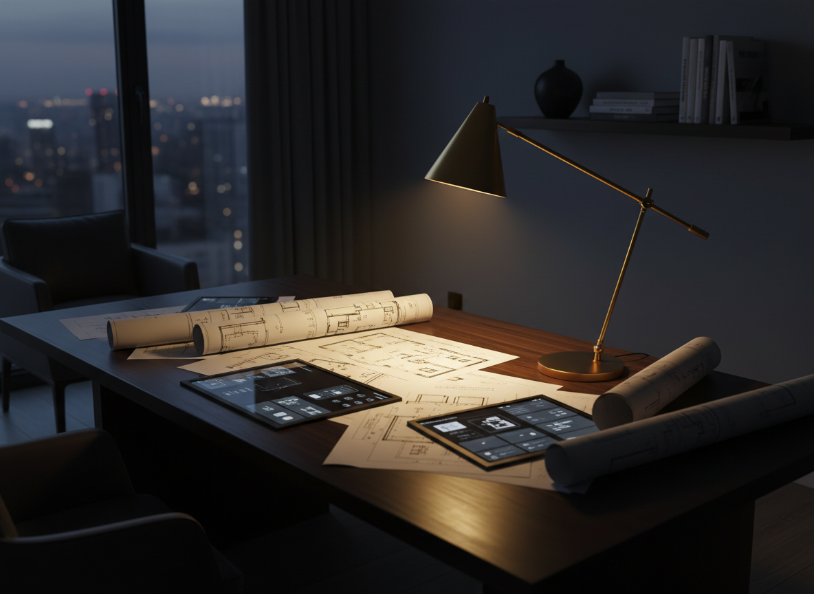 A dark wood desk with architectural and system blueprints illuminated by a warm gold desk lamp