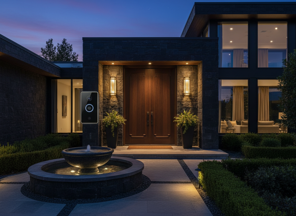 Dark luxury home entrance at dusk with a smart doorbell panel and warm gold porch lighting